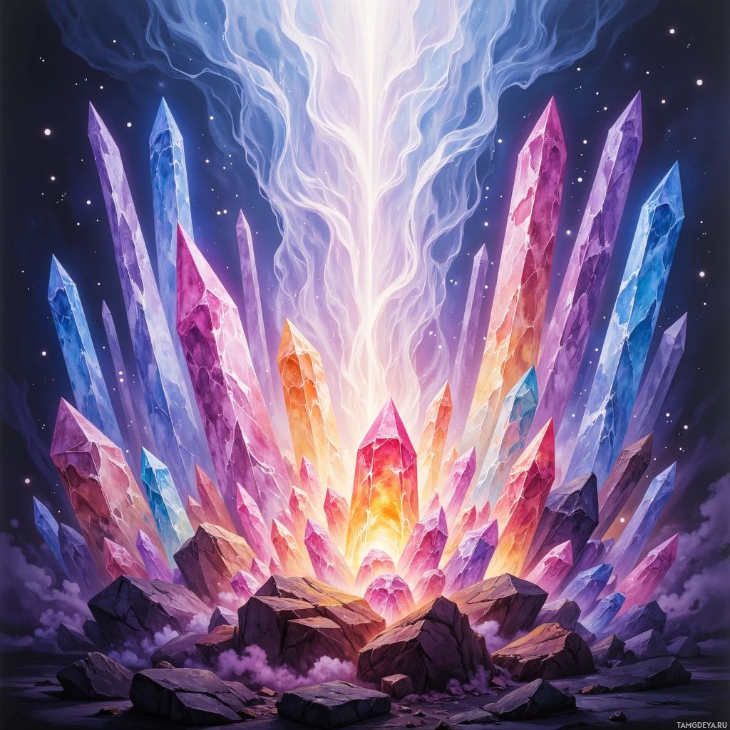 A vibrant, colorful crystal formation radiates light against a starry night sky.