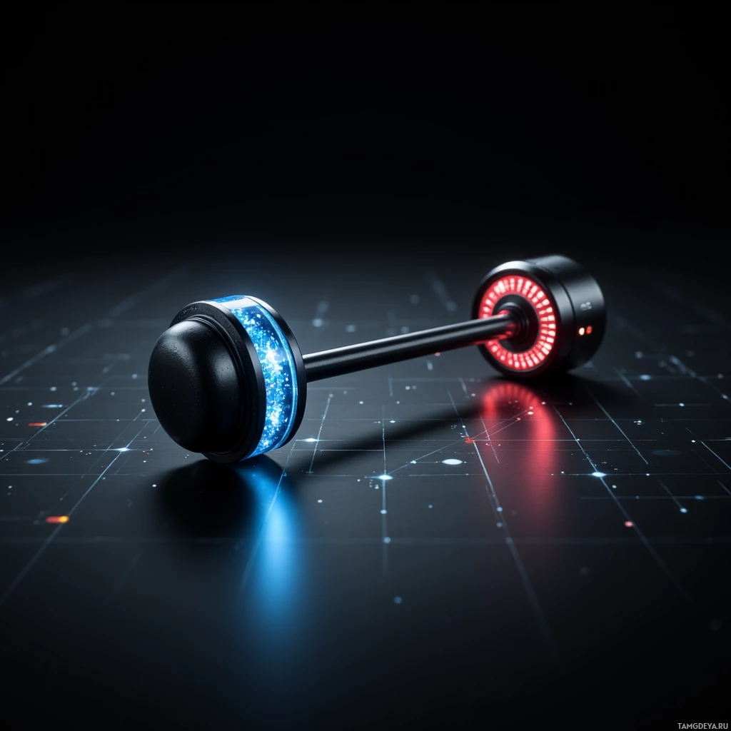 A futuristic dumbbell with glowing blue and red lights rests on a dark surface with grid lines.