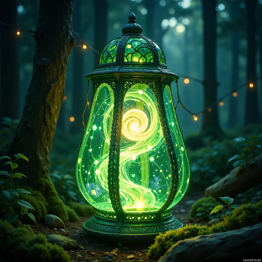A glowing green lantern with intricate designs sits in a forest setting, casting a magical light.