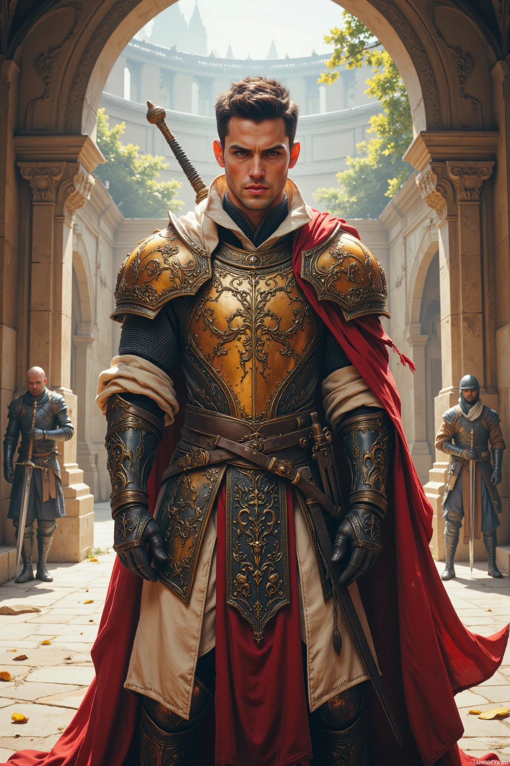 A knight in ornate golden armor stands confidently with a red cape and sword at his side, surrounded by other guards in a grand courtyard.