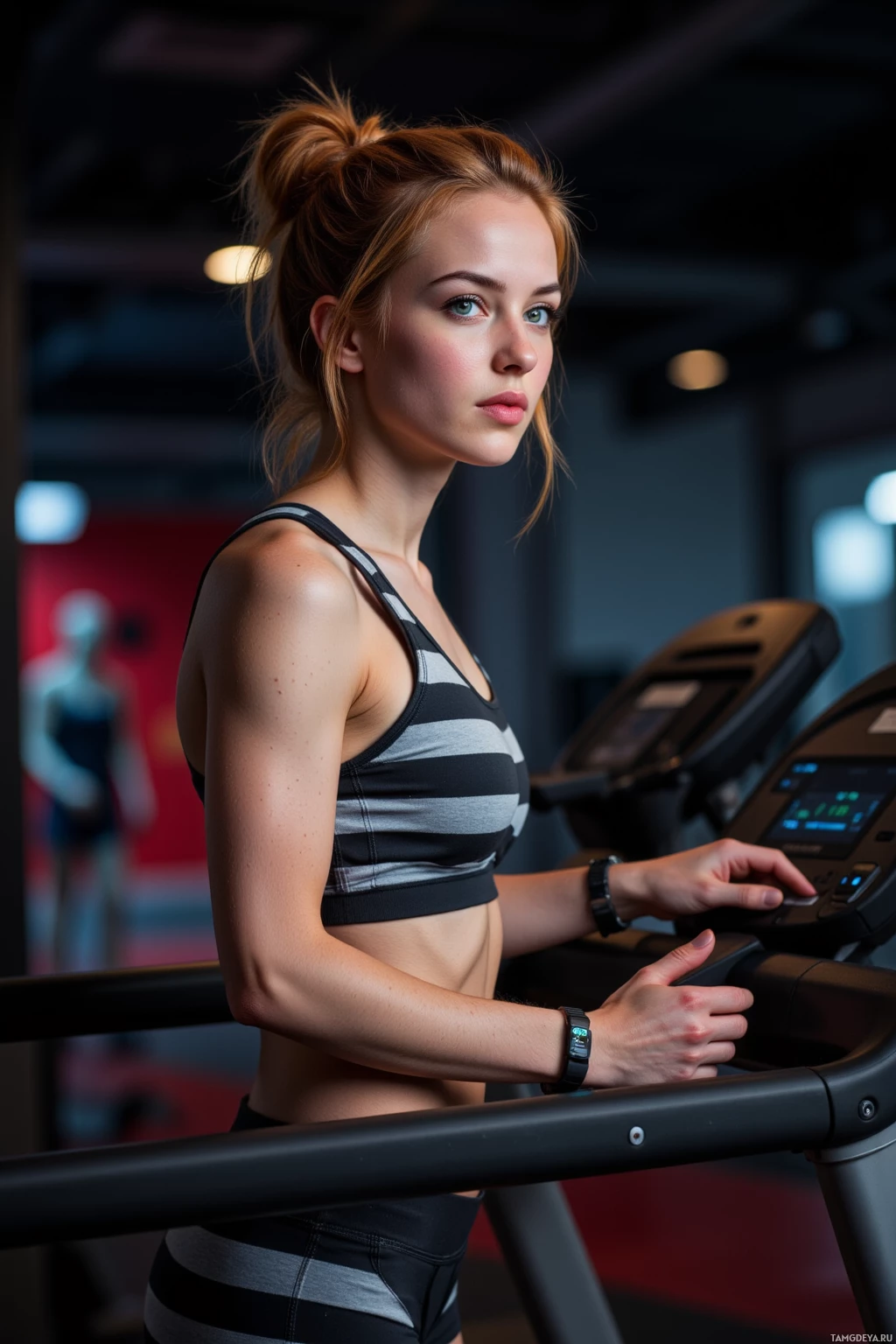 A woman in a gym setting, wearing a sports bra and running on a treadmill.
