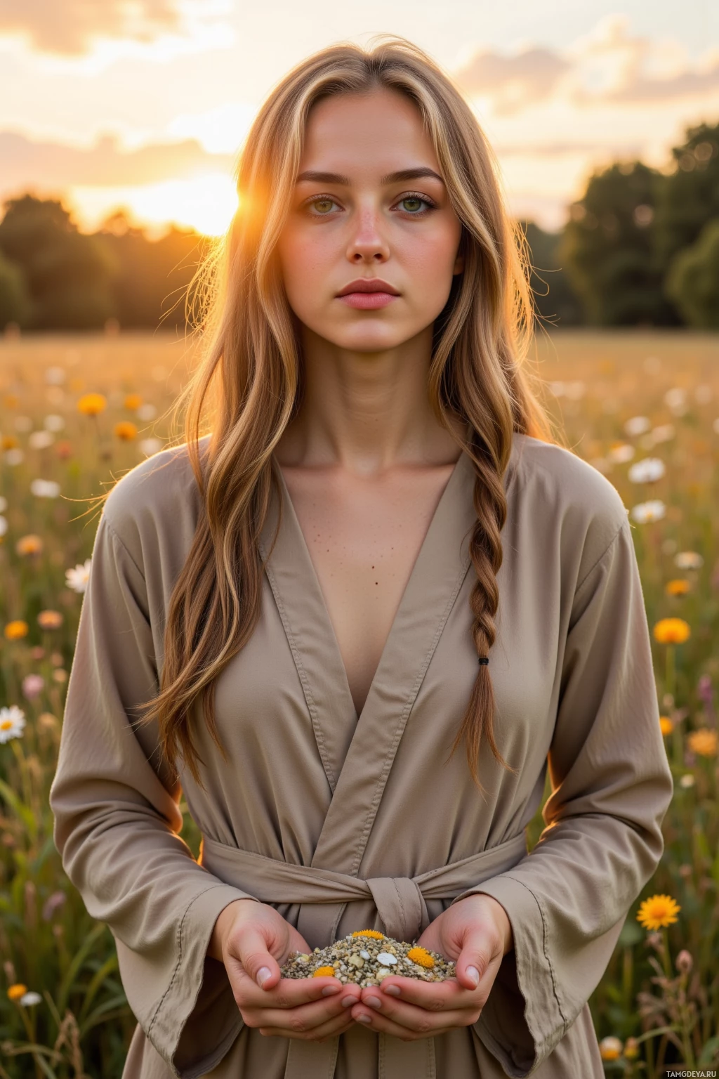 A person stands in a field holding small flowers and pebbles at sunset.