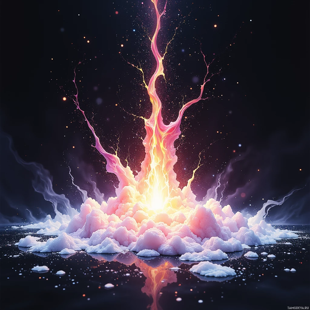 A vibrant explosion of pink and yellow flames with smoke and sparks against a dark background.