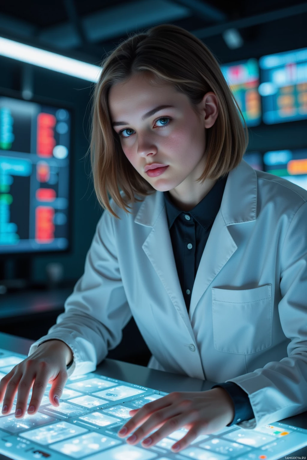 Realistic high quality photo. A 24-year-old woman with light brown sleek bob hair, blue eyes, pale skin, wearing minimalist monochrome lab coat, hunched over a holographic quantum interface table at night, surrounded by glowing error log panels, focused expression of methodical concentration amid flickering code data streams.