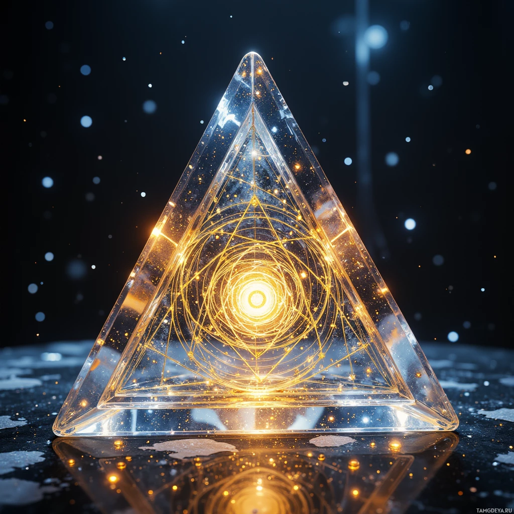 A glowing, transparent triangular structure with intricate golden patterns and sparkling particles against a dark background.