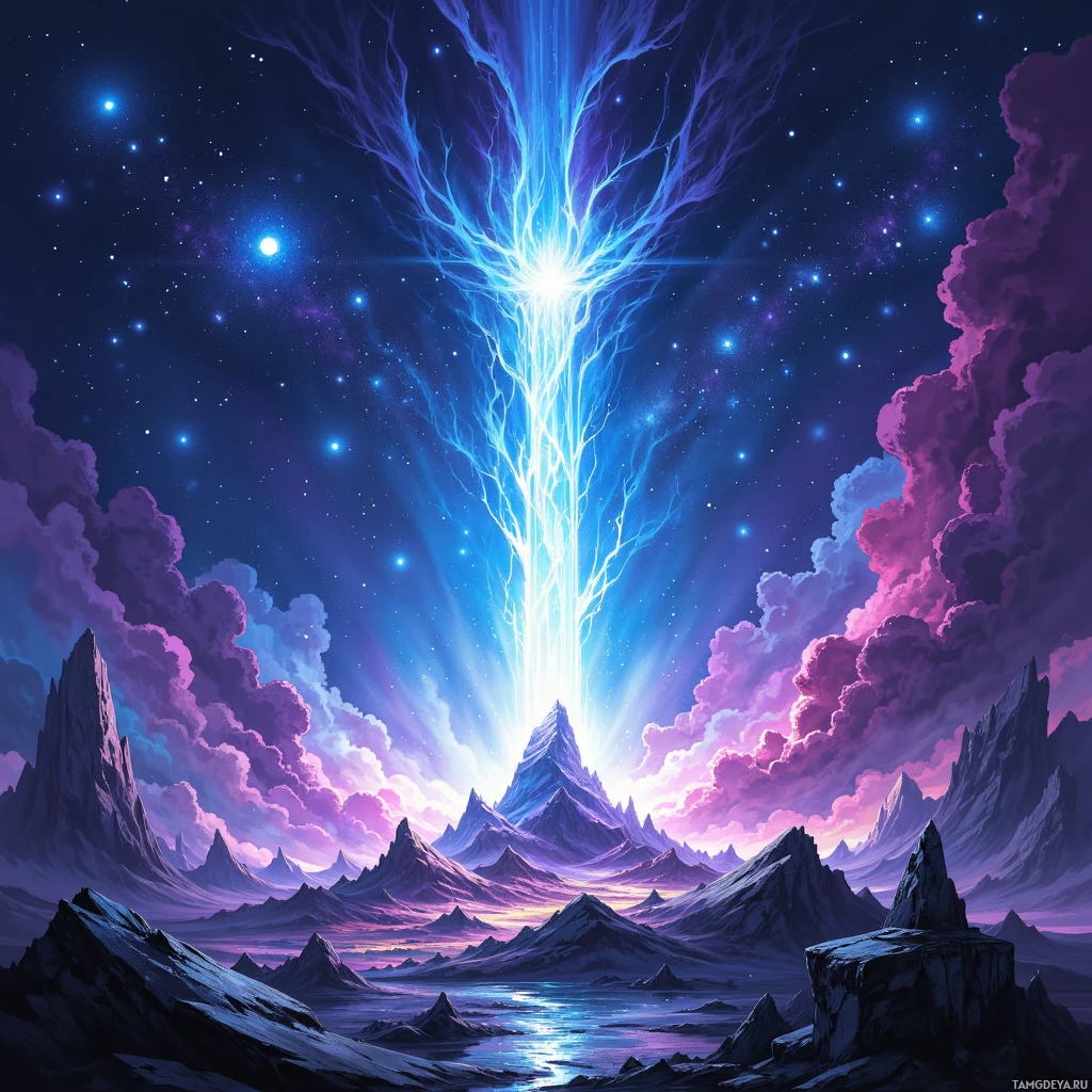 A vibrant cosmic scene with glowing blue light beams descending from the sky over jagged mountain peaks and a starry night sky.