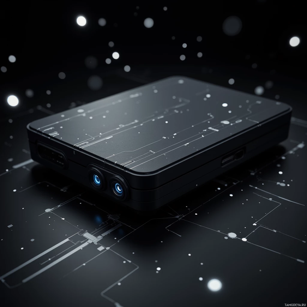 A sleek, futuristic device with glowing blue lights and circuit-like patterns on a dark background.