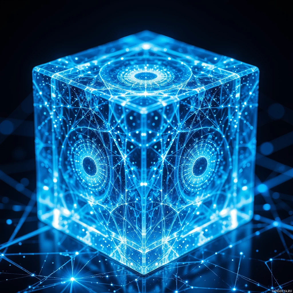 A glowing blue cube with intricate network patterns and glowing centers.