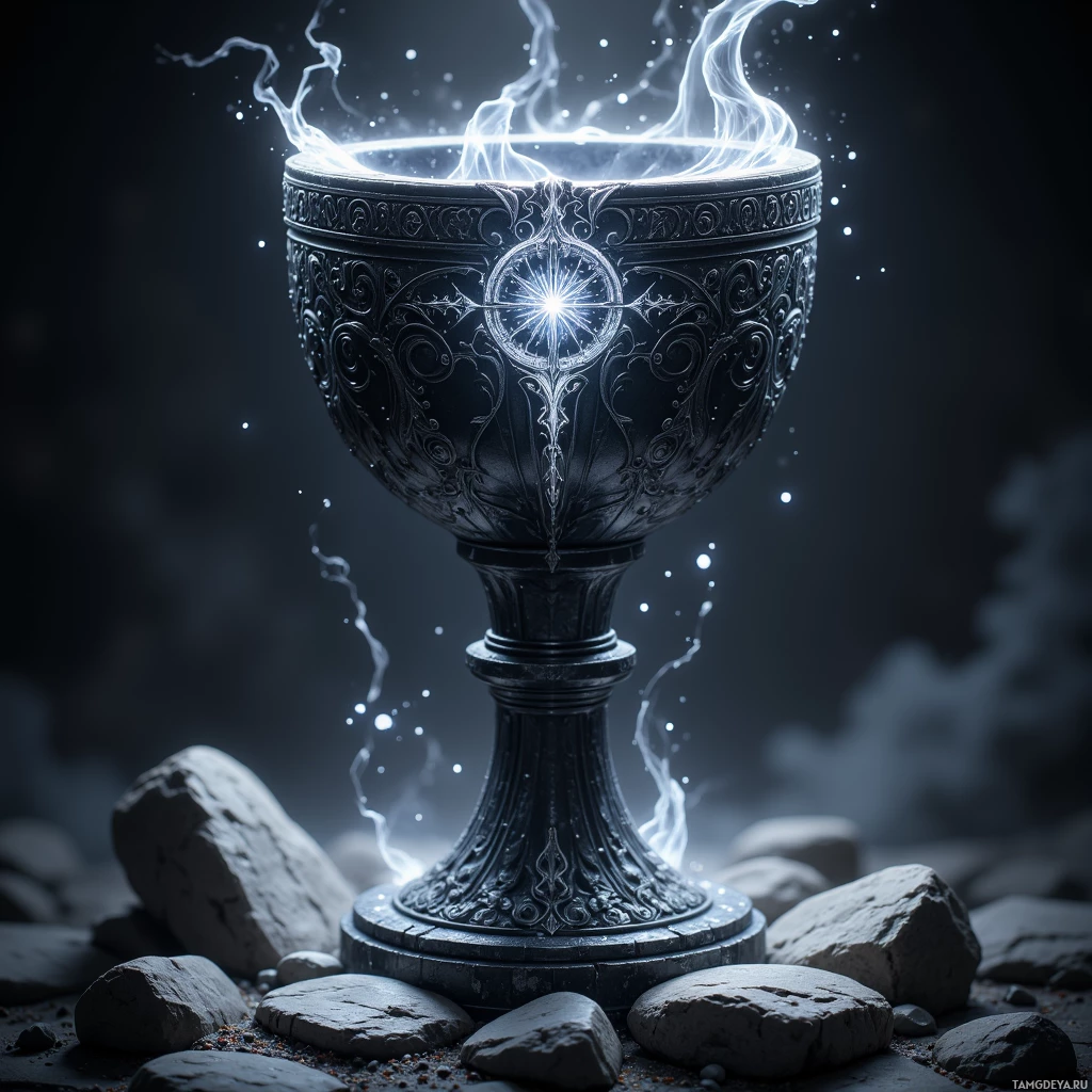 A mystical, ornate goblet with glowing energy emanating from its rim sits on a bed of rocks.