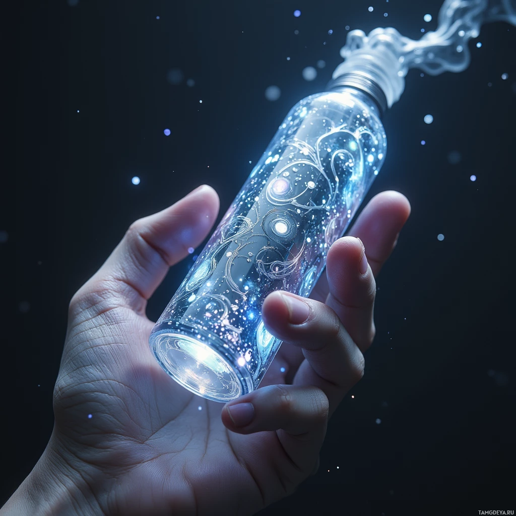 A hand holds a glowing, star-filled glass bottle against a dark background.