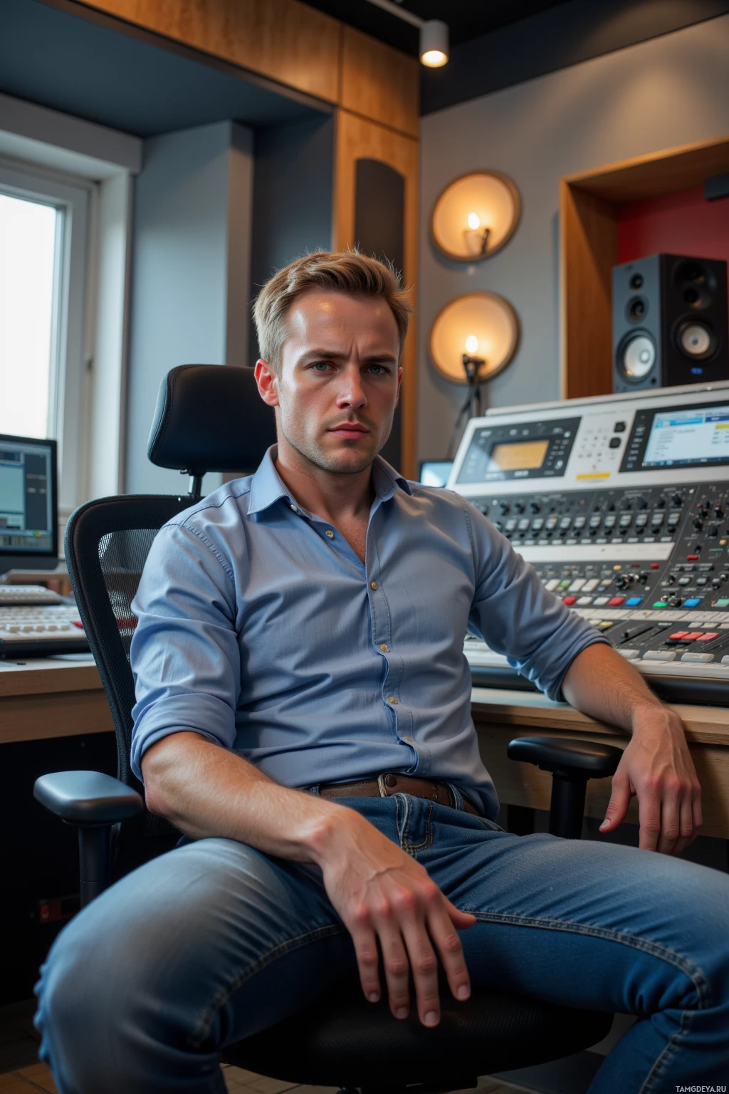 A person sits in a recording studio, wearing a blue shirt and jeans, with a mixing console and speakers in the background.