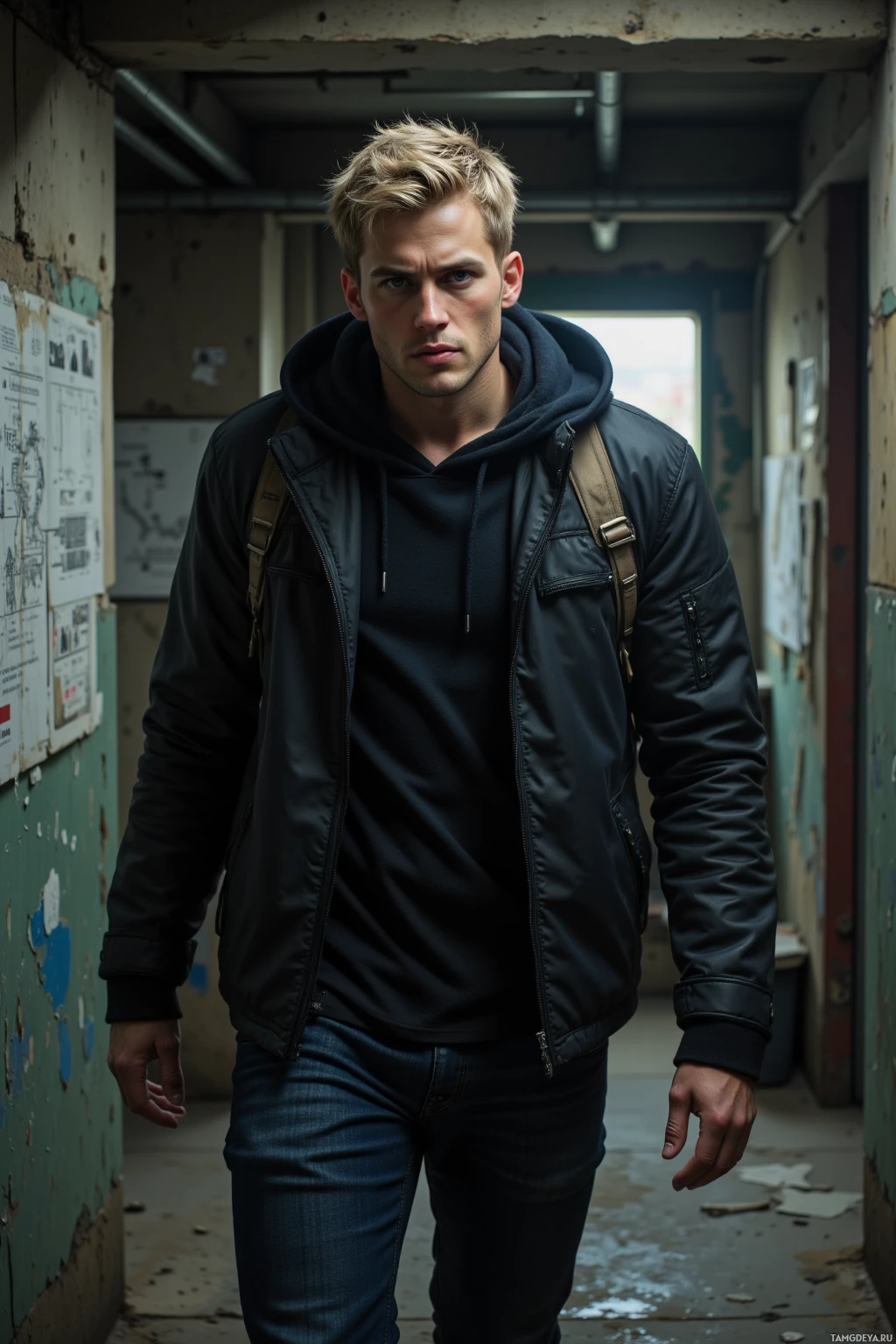 A person wearing a black jacket and hoodie, carrying a backpack, stands in a dilapidated hallway.