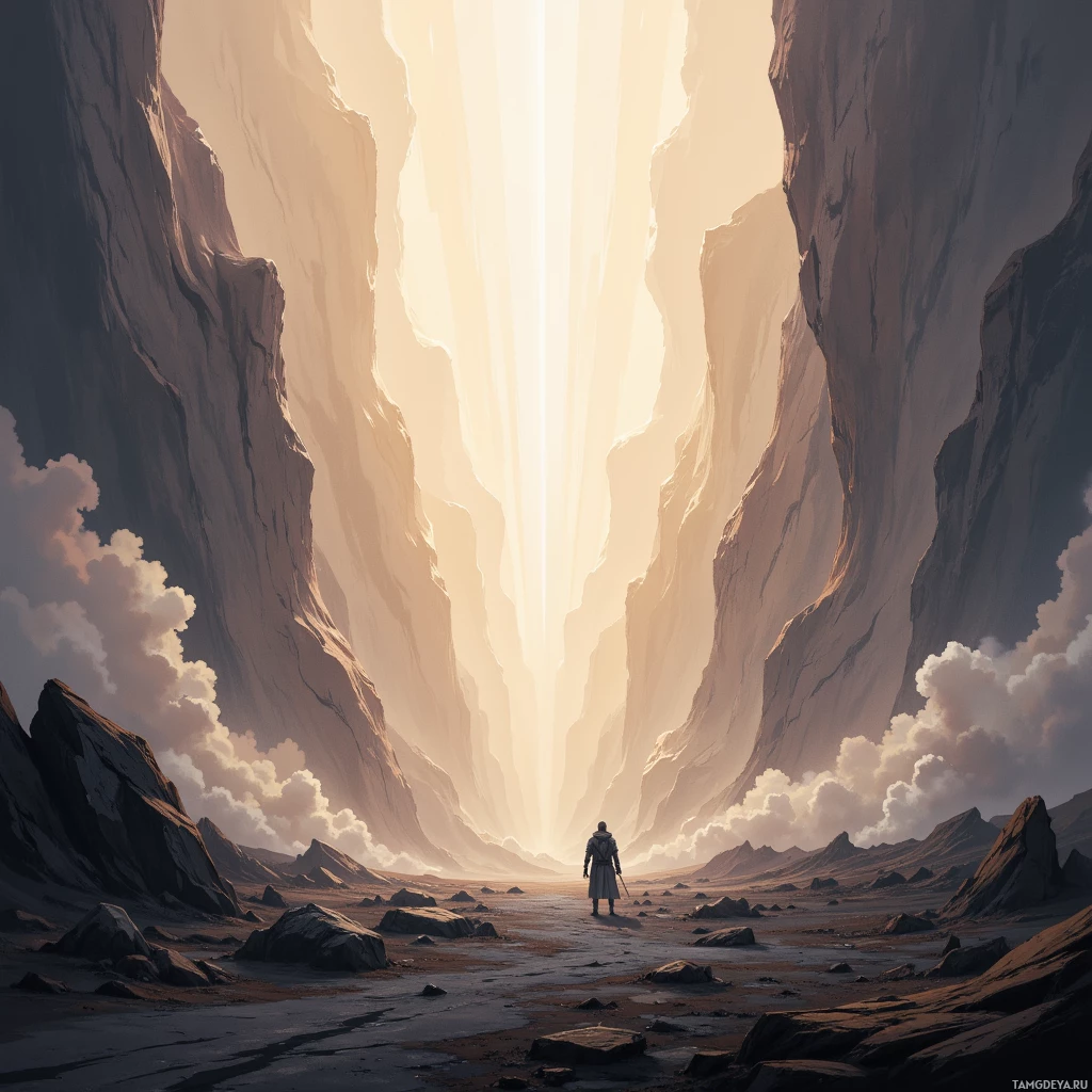 A lone figure stands at the entrance of a vast, sunlit canyon.