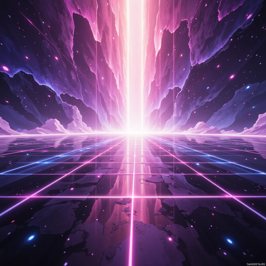 A vibrant, futuristic scene with glowing neon lines and a bright light source at the horizon.