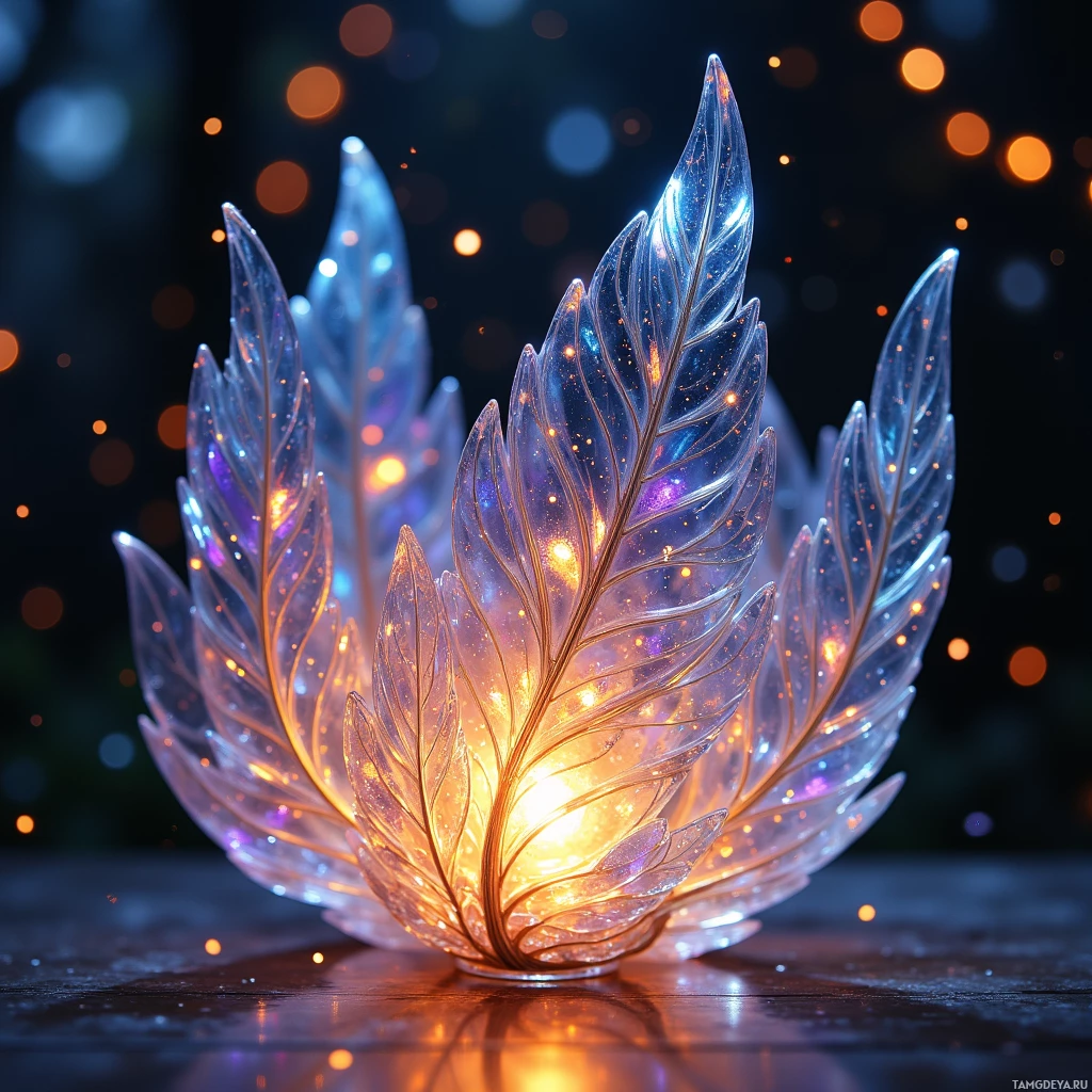 A glowing, leaf-shaped light sculpture with intricate details and warm colors against a bokeh background.