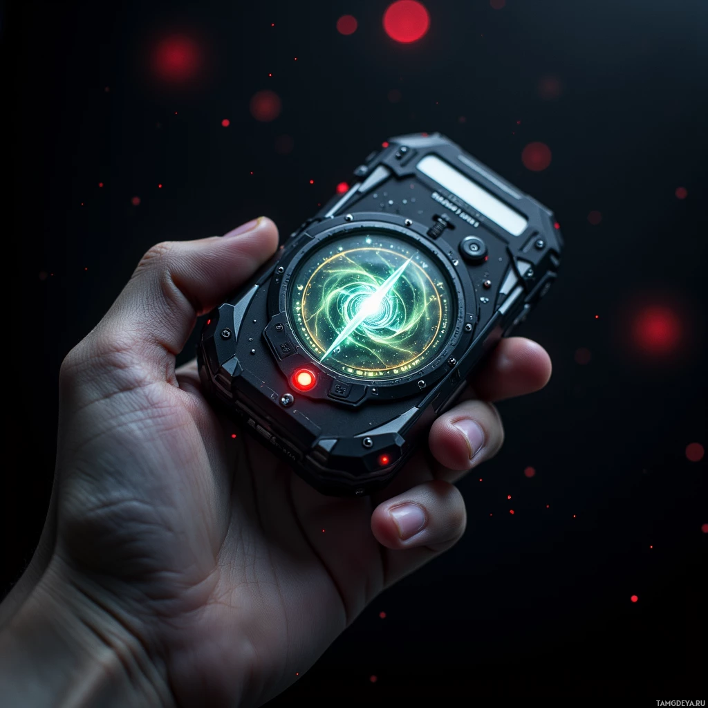 A hand holds a futuristic, glowing device with a circular display and red lights against a dark background.