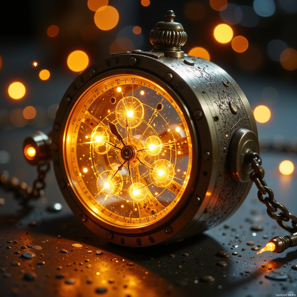 A glowing, intricate pocket watch with a celestial design and a chain.