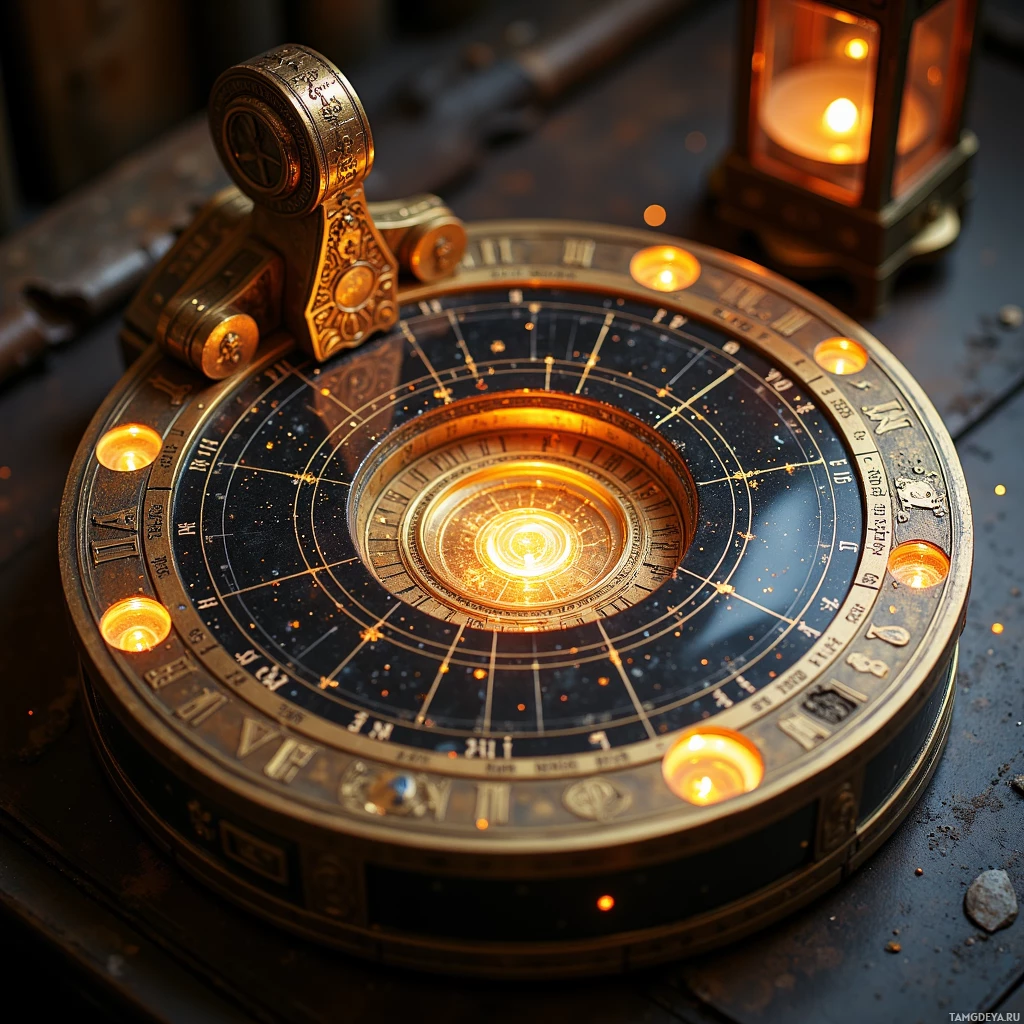 Semi-abstract image with many light, that is suitable for the post:  Polished bronze astrolabe with etched Roman numerals and intricate filigree, subtle LEDs glowing around its rim, a hidden solar panel beneath the outer edge powering a silently spinning inner wheel that projects detailed star constellations.