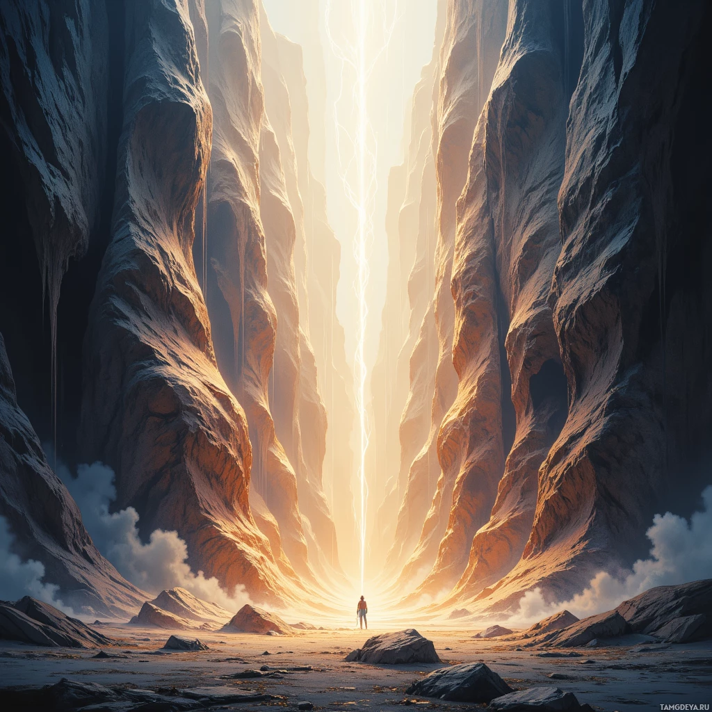 A lone figure stands at the base of towering, rugged cliffs, bathed in the warm glow of a bright light source above.