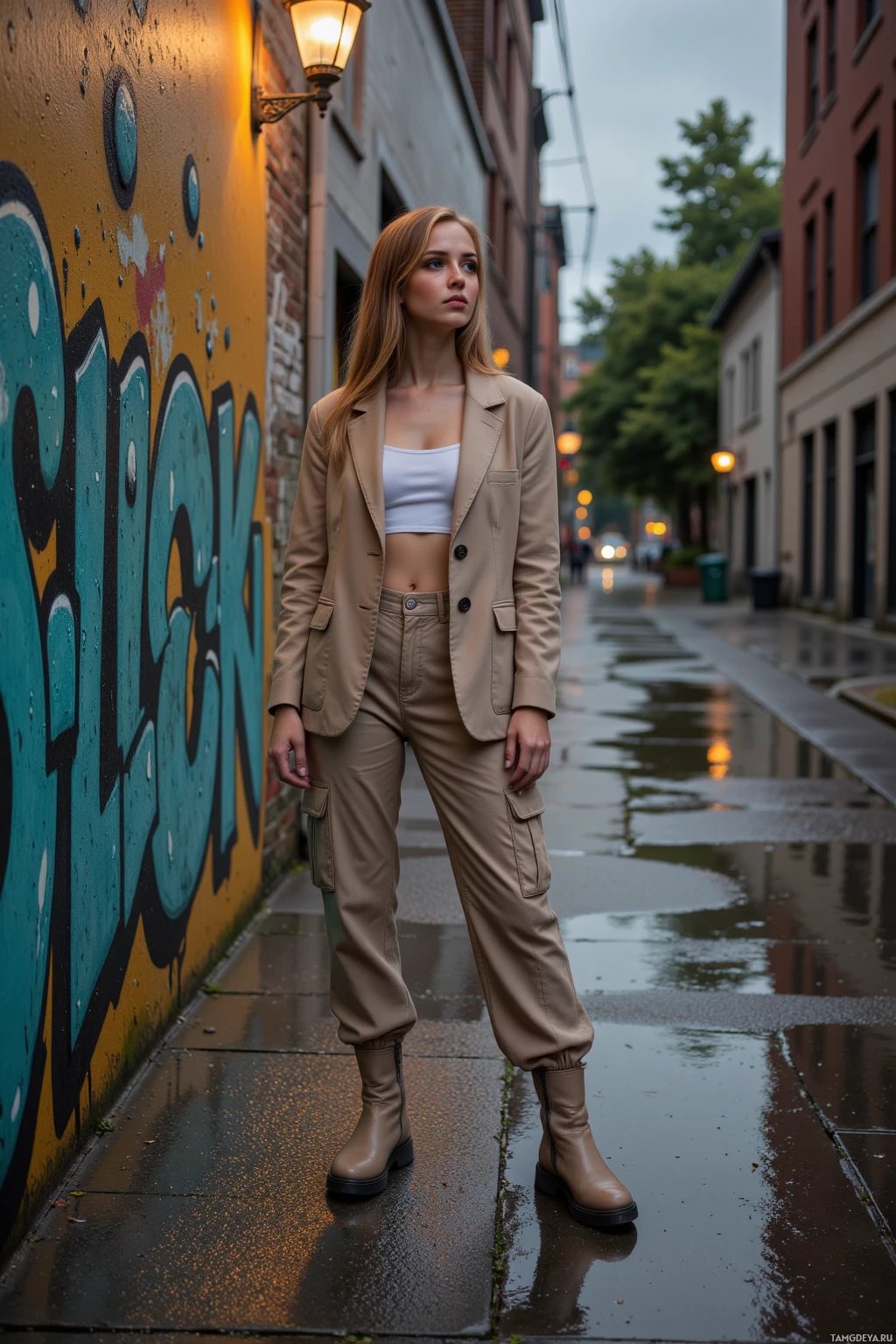 A woman stands on a wet street in a beige suit and boots, with graffiti on the wall behind her.