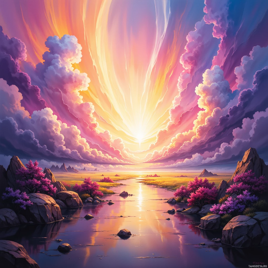 A vibrant sunset scene with colorful clouds and a serene river reflecting the sky.