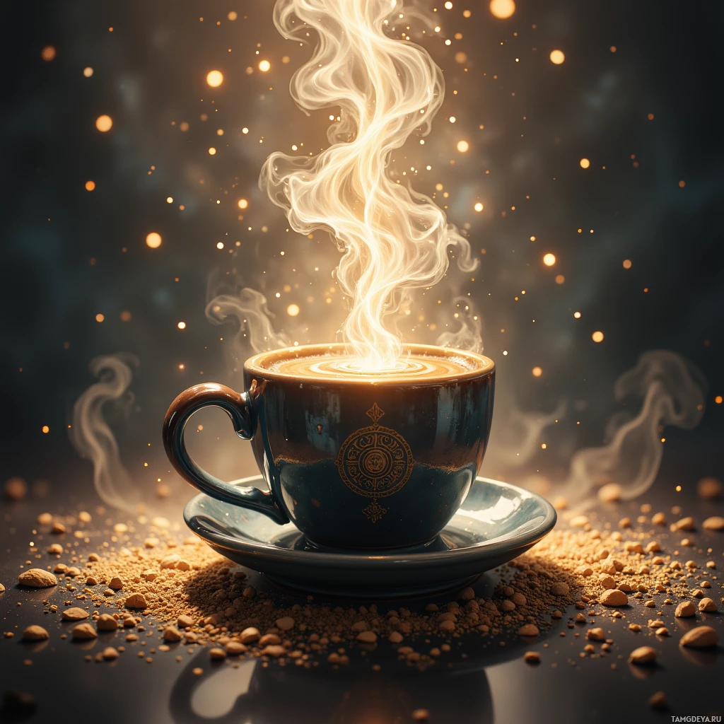 A steaming cup of coffee with a decorative design, surrounded by scattered coffee beans and glowing particles.