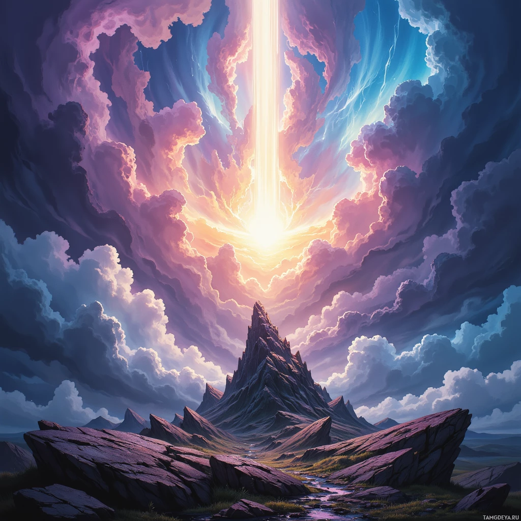 A dramatic sky with vibrant clouds and a radiant light beam descending over rugged, rocky terrain.