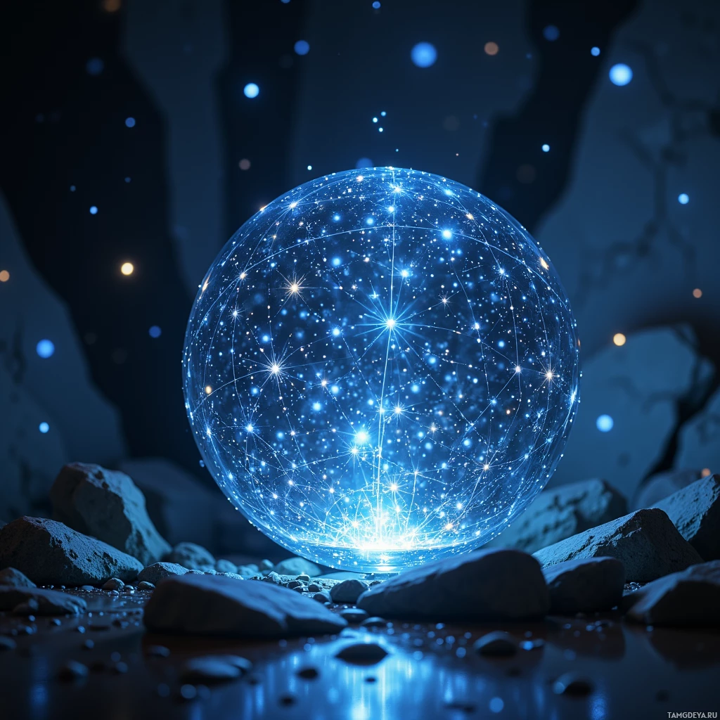 A glowing blue sphere with intricate patterns and bright points sits on rocky ground under a starry night sky.