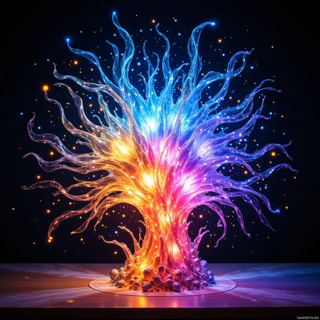 A vibrant, abstract, glowing structure resembling a tree or plant with multicolored, flowing branches against a dark background.