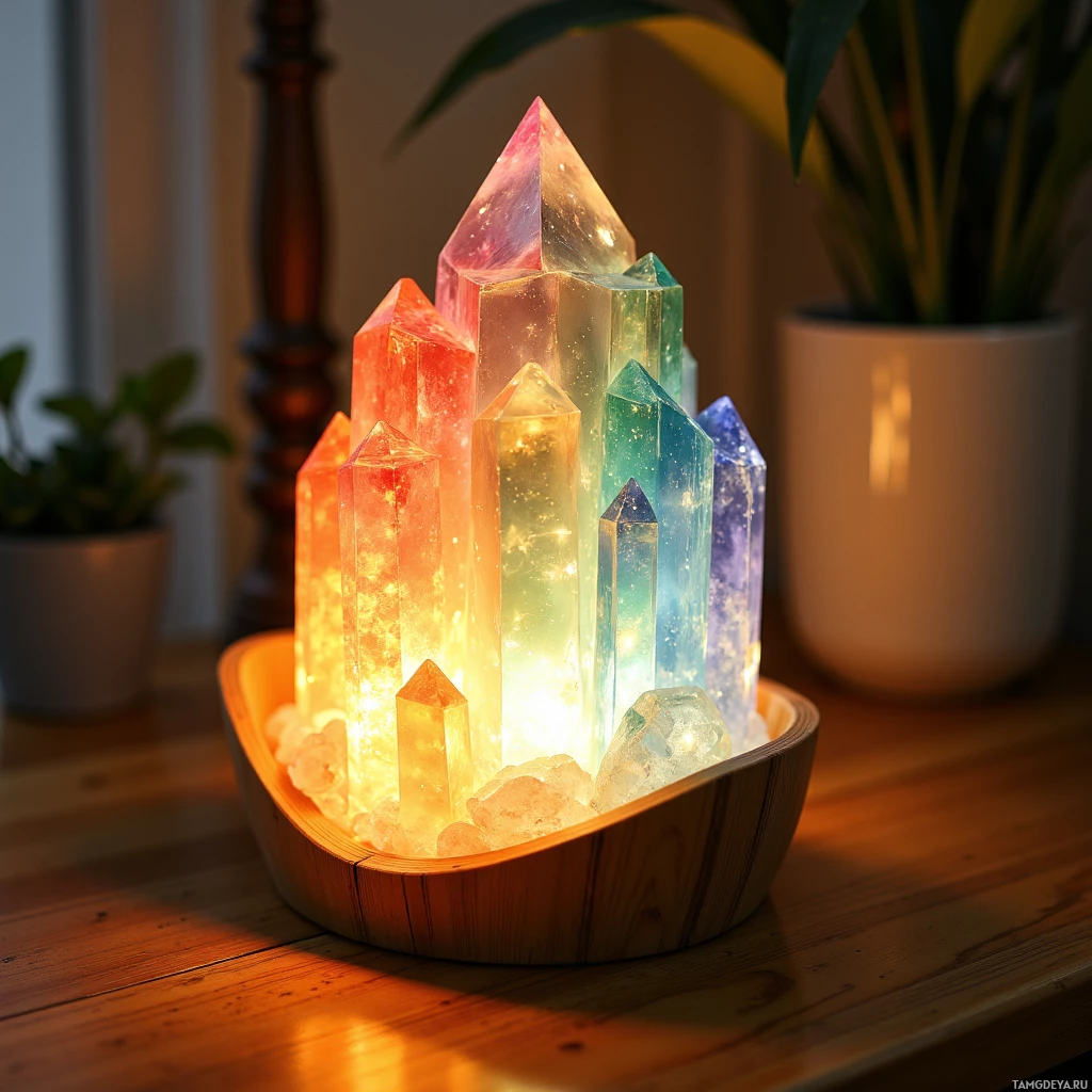 Semi-abstract image with many light, that is suitable for the post:  Handcrafted crystal prism diffuser featuring a clear quartz core set inside a softly curved bamboo frame with smooth edges, emitting gentle diffused rainbow light and subtle LED illumination.