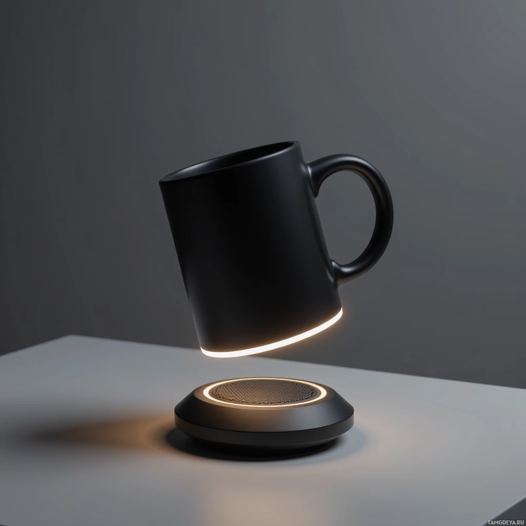 A black mug levitates above a circular base with a glowing ring, set against a dark background.
