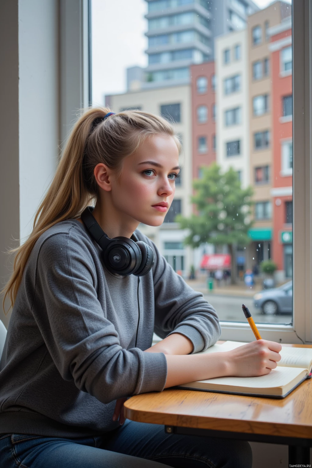 A young person wearing headphones sits at a desk by a window, writing in a notebook with a pencil.