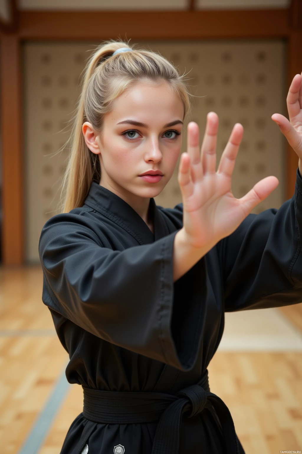 A person in a black martial arts uniform practicing a stance with hands extended.