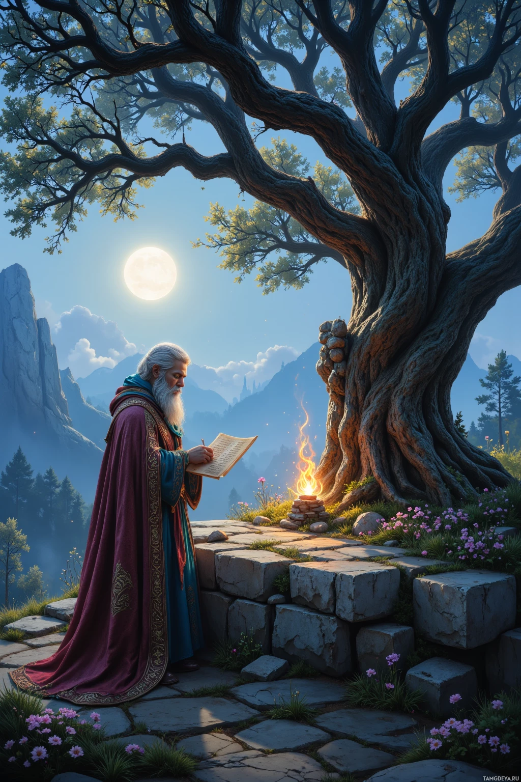 Realistic high quality photo. Silver-haired 40‑year‑old man with thick beard and piercing blue eyes, in a richly embroidered cloak of ancient symbols, stands beside an ancient oak guarding a village shrine on a mist‑lifted silver ridge at twilight, sketching rune lines onto worn parchment while fireflies dance around the tree under moonlit silver stone.