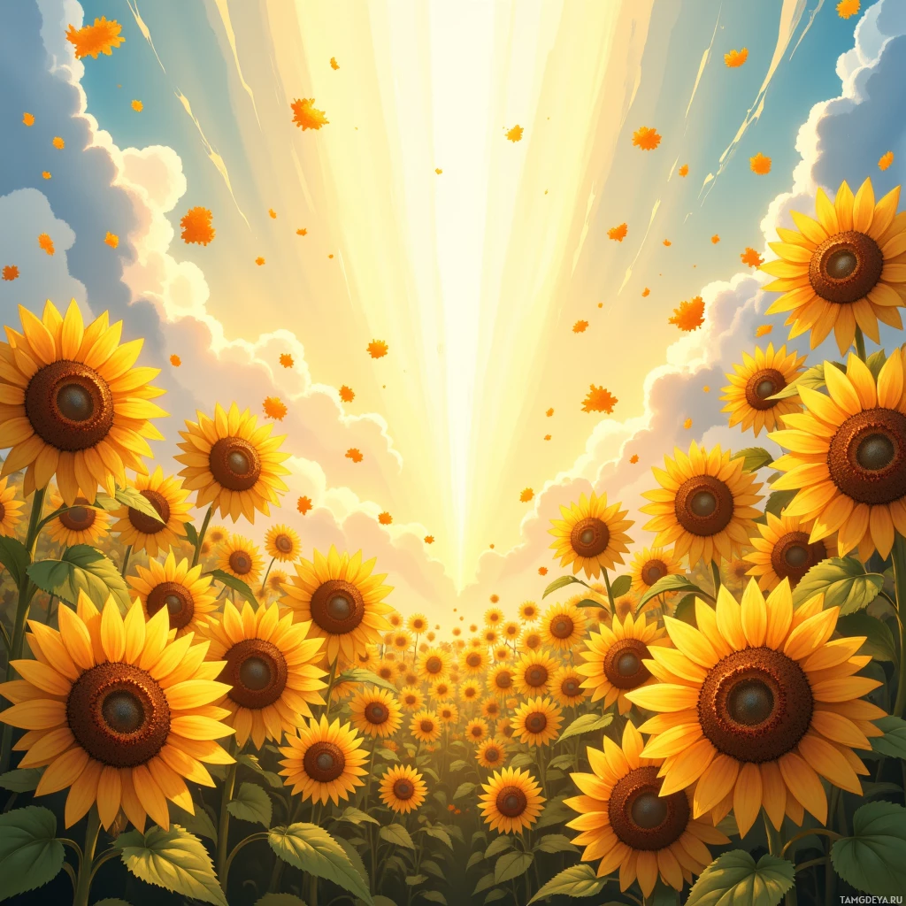 A vibrant field of sunflowers under a radiant sky with sunbeams.