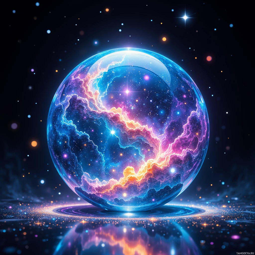 A glowing, colorful sphere with cosmic patterns and stars, set against a dark background.