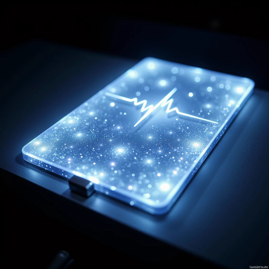 A glowing, futuristic device with a heart rate monitor design and sparkling lights.