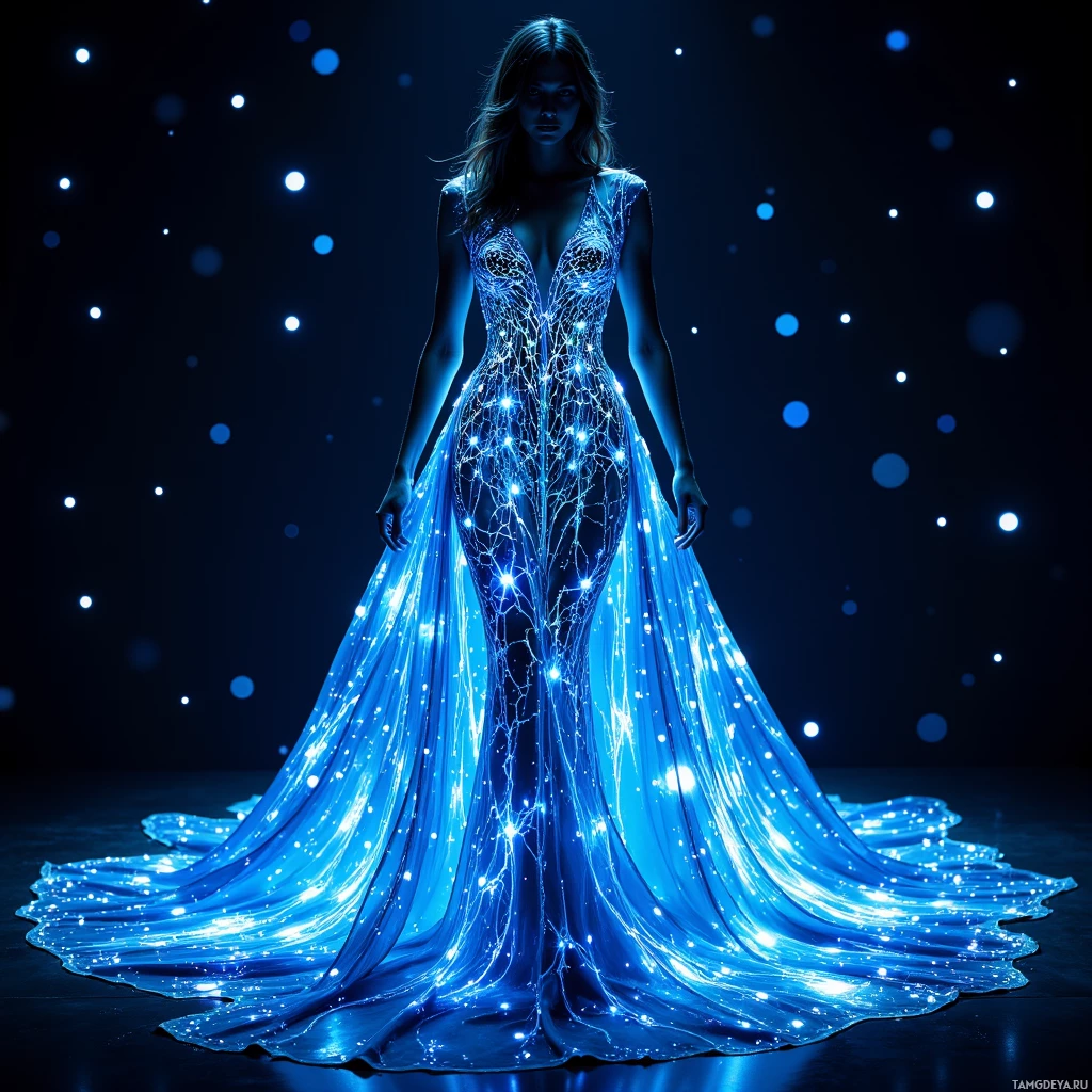 A woman in a glowing blue dress stands against a starry background.