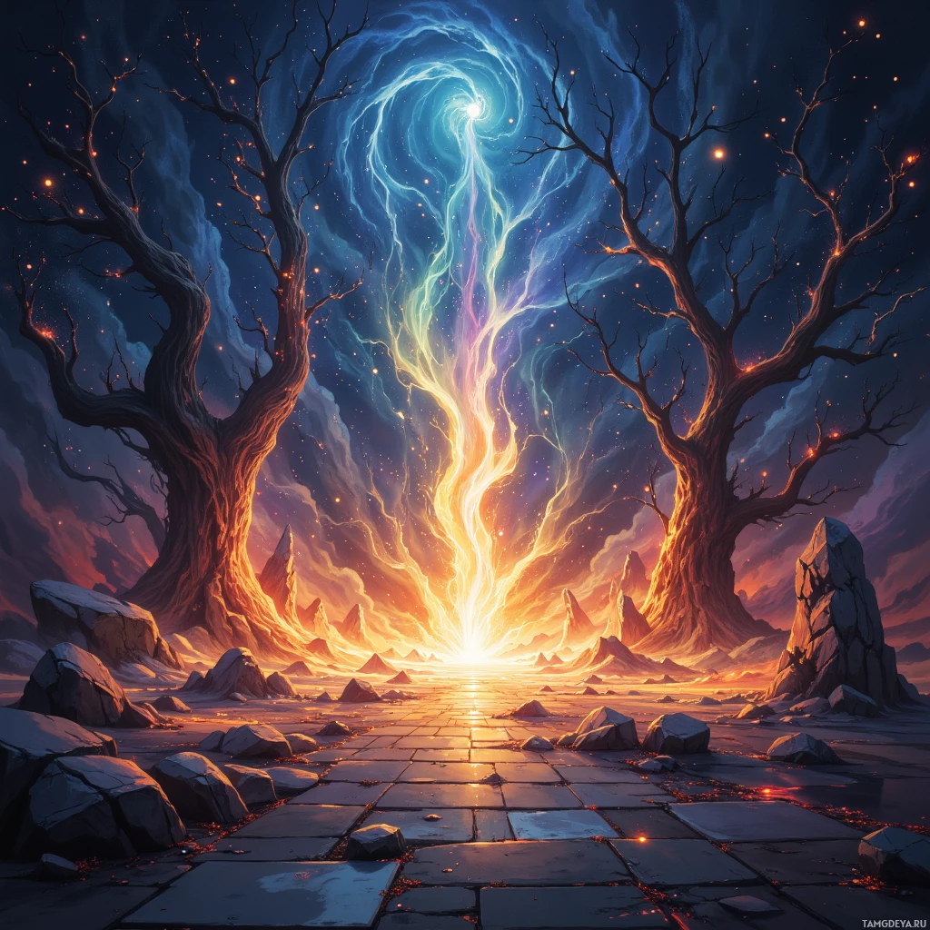 A mystical scene featuring two bare trees with glowing orange branches, a swirling vortex in the sky, and a fiery landscape beneath a starry night sky.