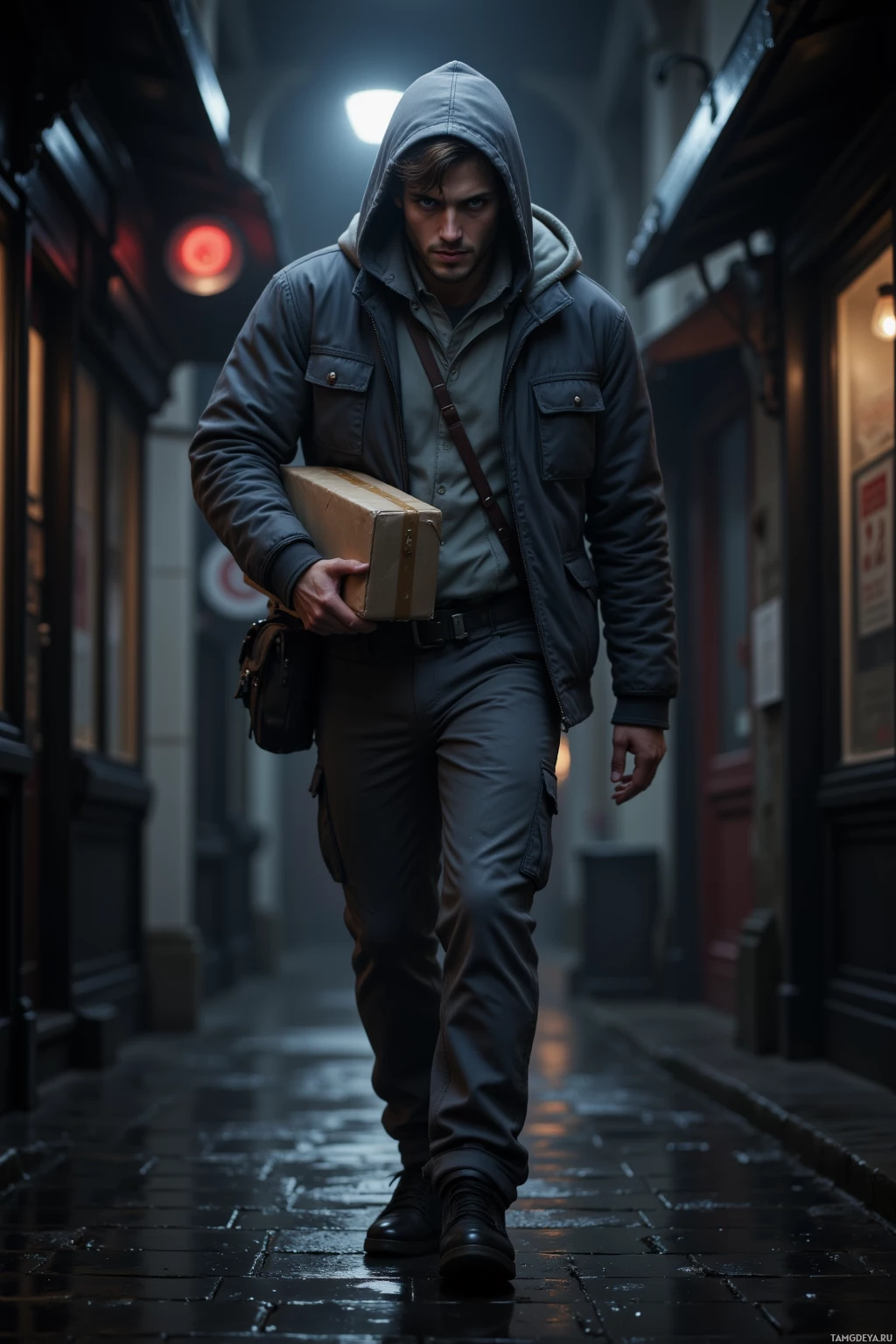 A man in a hooded jacket and cargo pants walks down a dimly lit alleyway carrying a package.