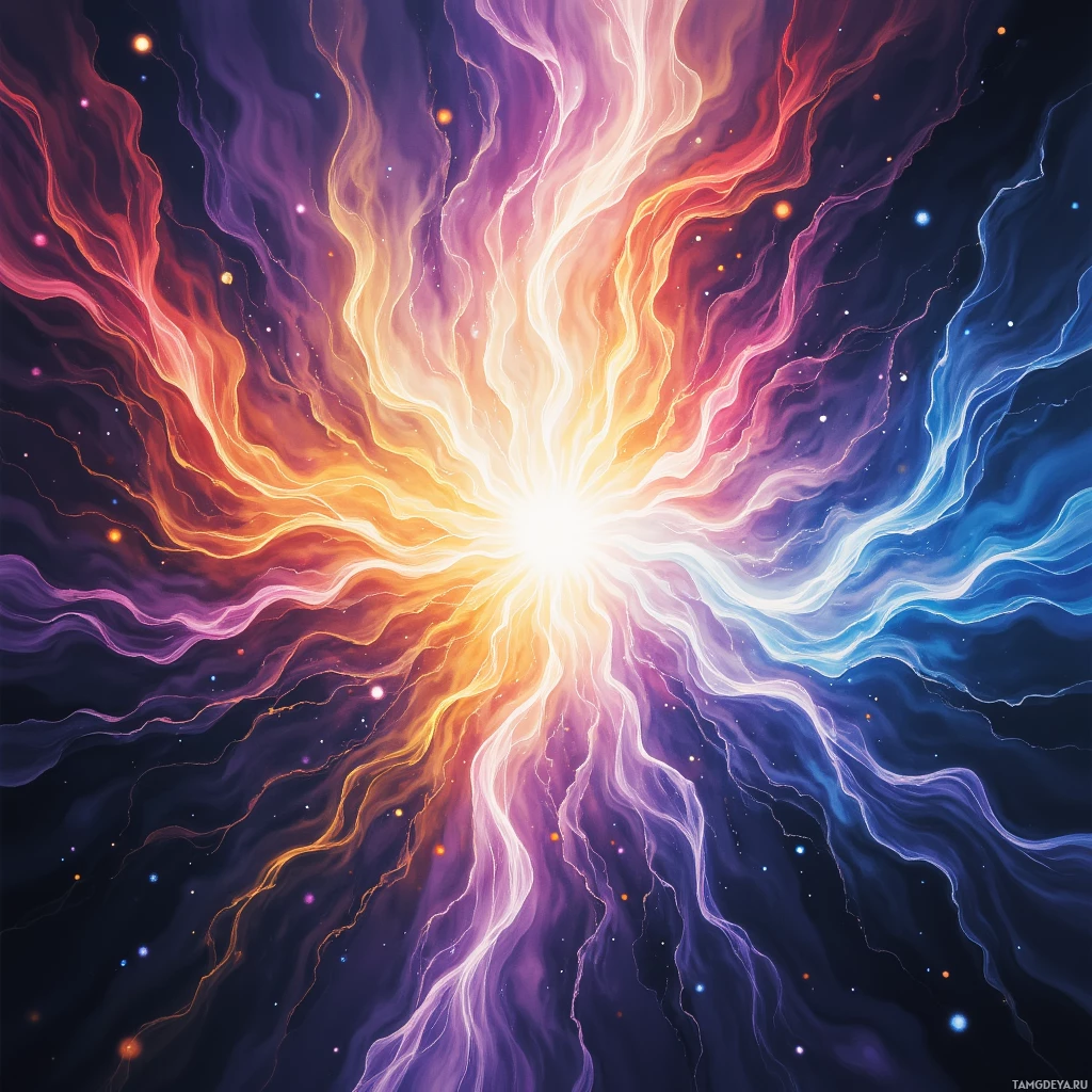 A vibrant cosmic explosion with swirling colors and star-like points.