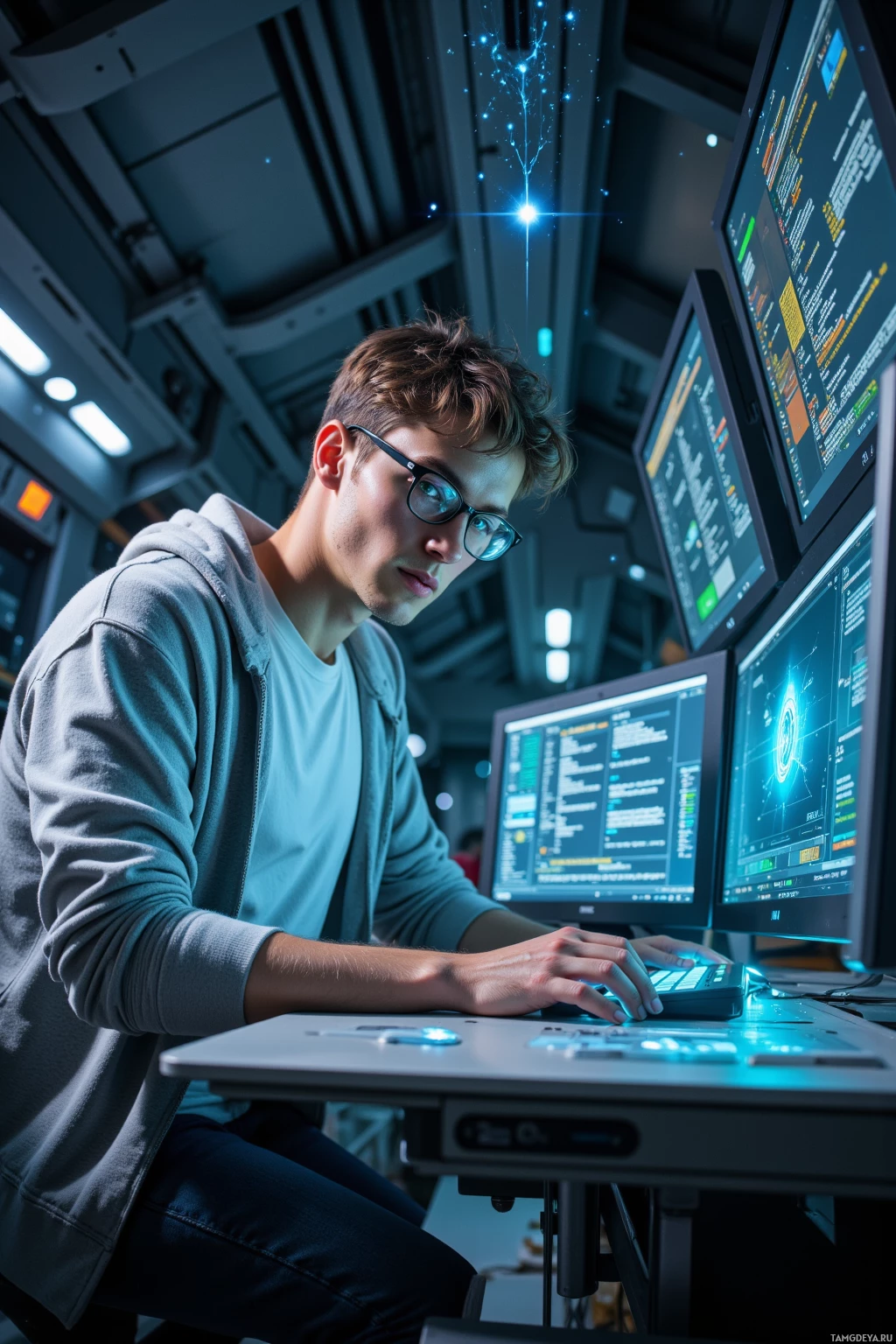 A person wearing glasses is working at a desk with multiple computer monitors displaying code and data in a futuristic setting.