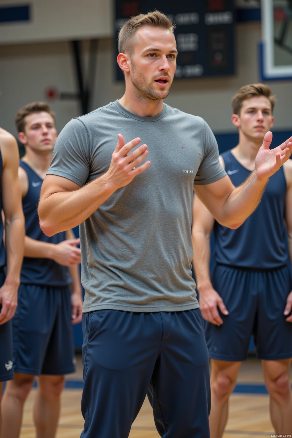 A man in a gray t-shirt and blue shorts gestures with his hands while standing in a gymnasium with other individuals.