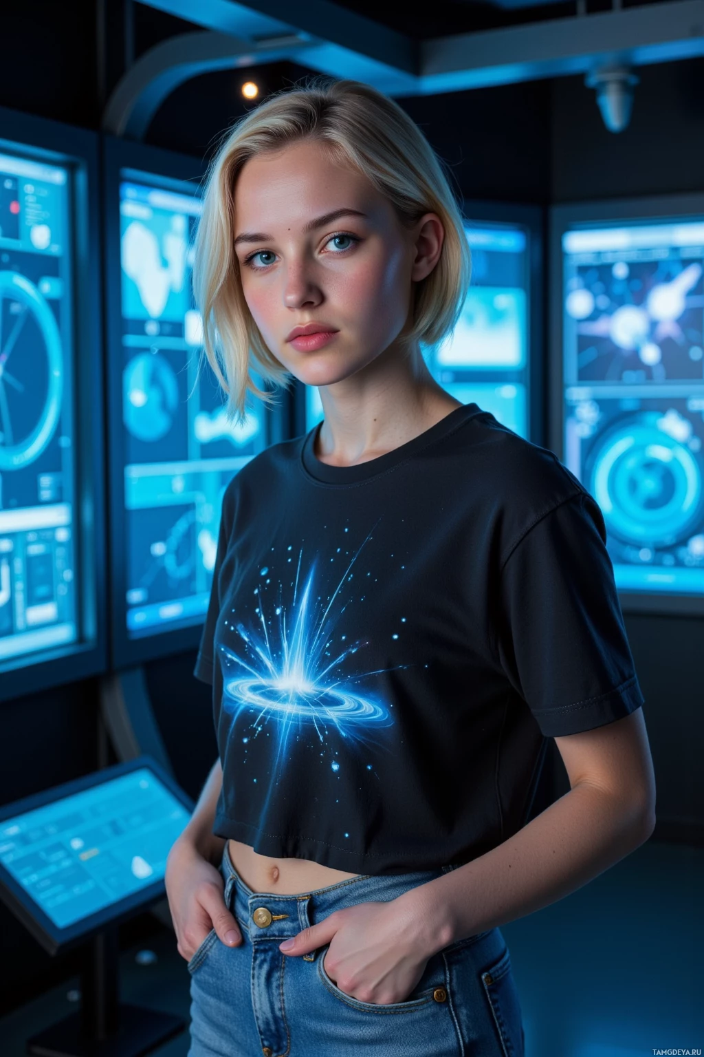 A person stands in a futuristic control room, wearing a black t-shirt with a glowing galaxy design and blue jeans.