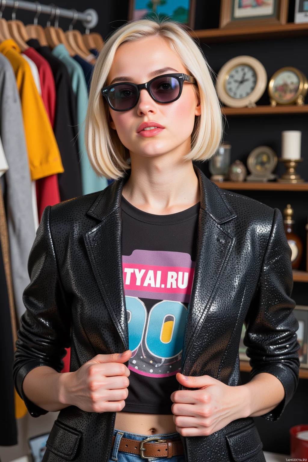 A person wearing a black leather jacket and a graphic t-shirt stands in a room with clothing racks and shelves.