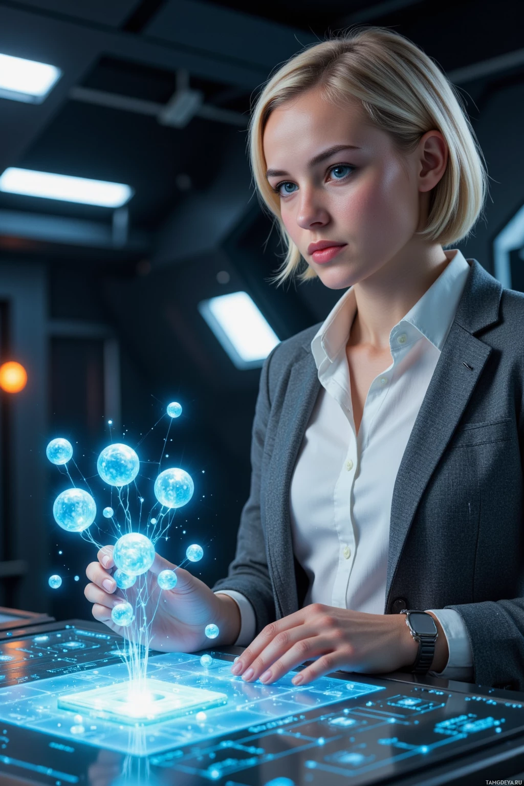 A person in a professional setting interacts with a futuristic, glowing interface.
