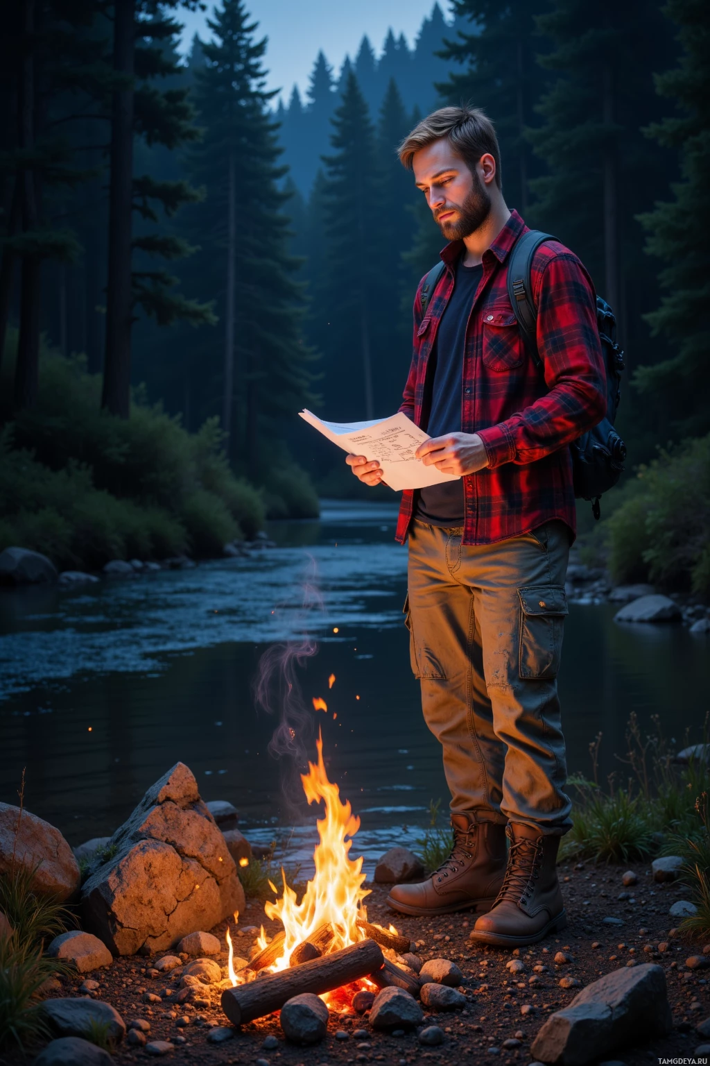 A person stands by a campfire near a river, reading a map in a forest setting.