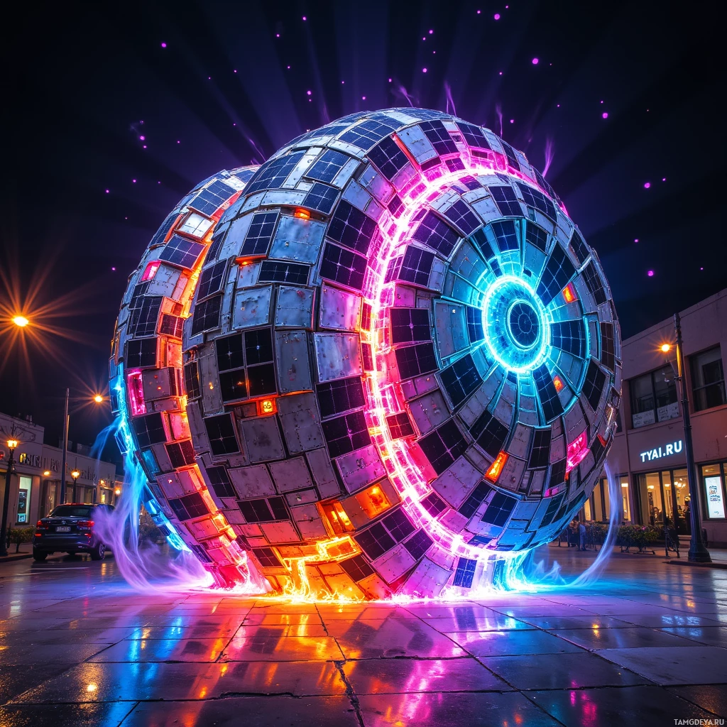 A large, glowing, futuristic sphere with vibrant colors and light effects in an urban setting.