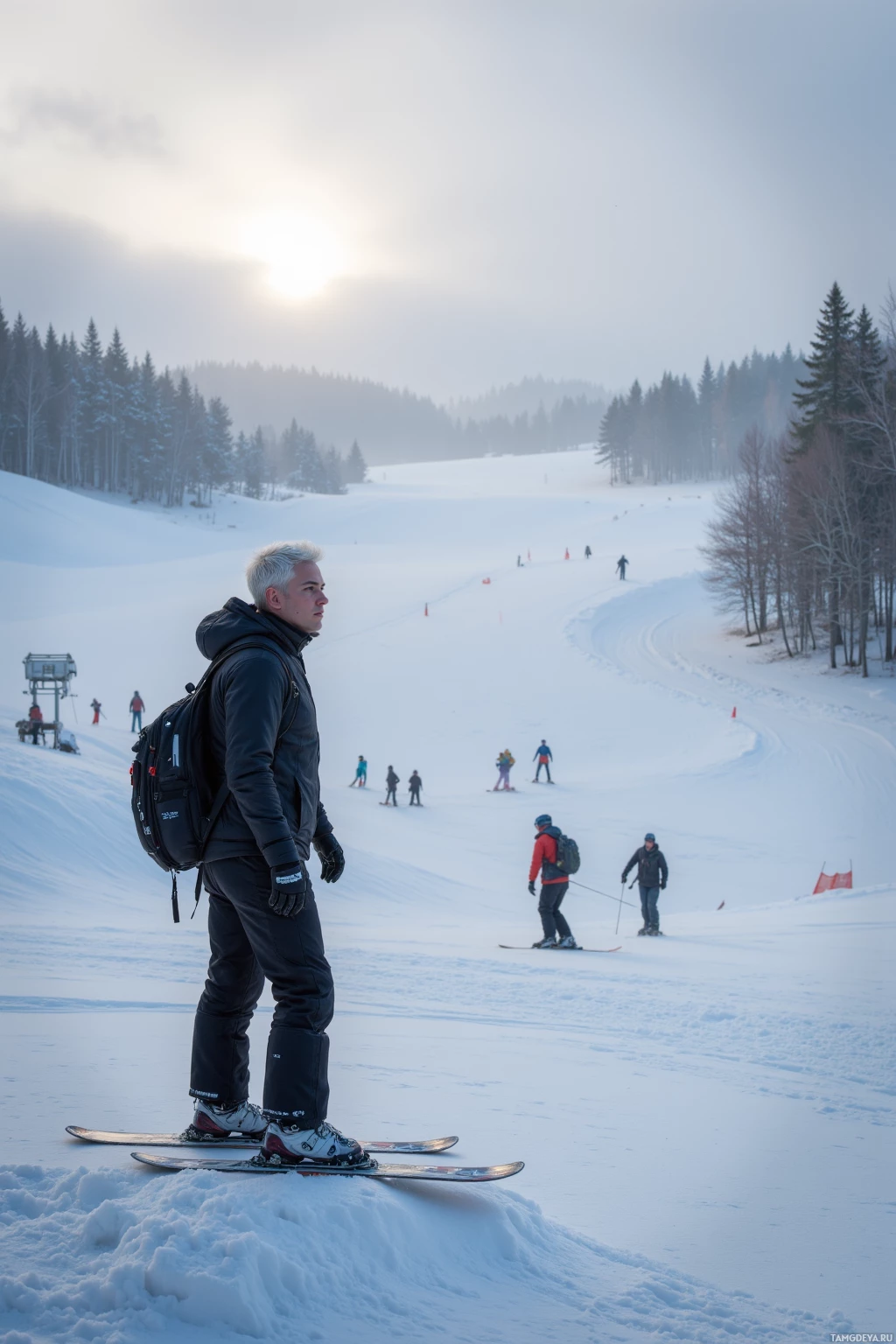 A person stands on skis at the top of a snowy slope, overlooking a ski resort with other skiers in the distance.