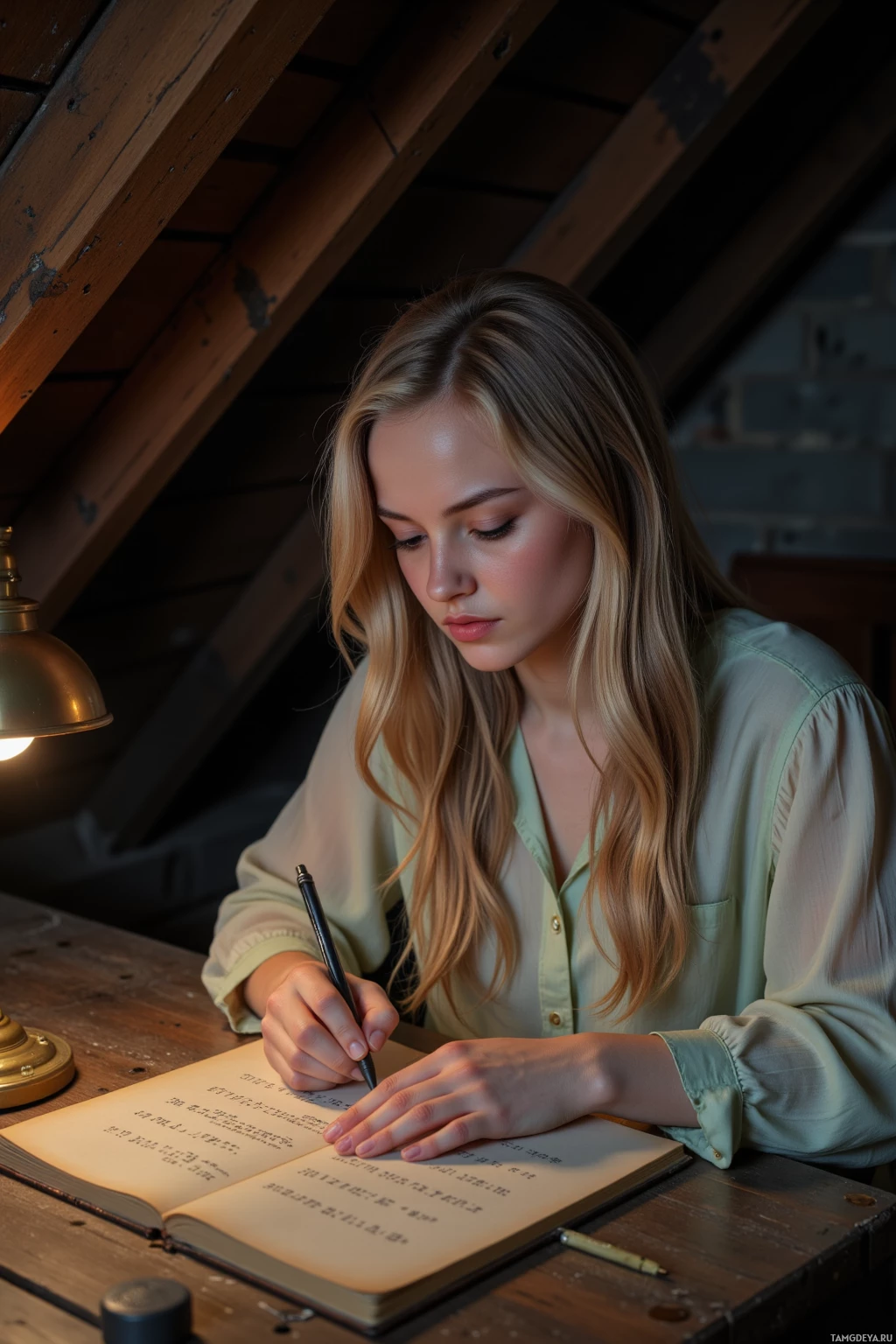 A person is writing in an open notebook with a pen under warm lighting.